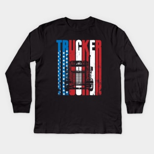 Vintage Silhouette Trucker American Flag Truck Driver Kids Long Sleeve T-Shirt